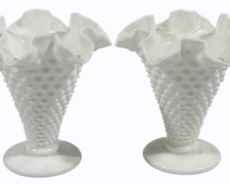 68 - 2 Fenton Milk glass Hobnail Crimped Footed Vases 5.5 tall
