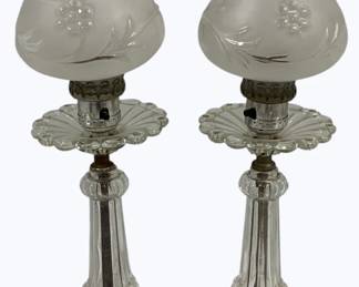64 - 2 Boudoir Accent Lamps w/ etched glass shades 14.5" tall Used as is electric/electronic/mechanical item. No guarantee all components, untested.