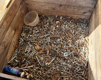 huge wooden crate of misc nuts and bolts
