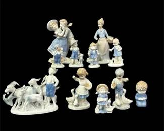 Vintage 11Piece Porcelain Figurine Lot  Blue  White Hummel Style Pastoral Collection