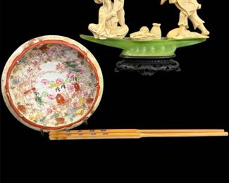 Vtg. Chinese Fishermen Figure Geisha Ladies Bowl