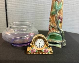Vtg. Weller Pottery Vase, Miniature Clock Iridescent Bowl