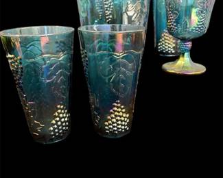Vtg. Blue Iridescent Carnival Glass Goblet 6 Tumblers