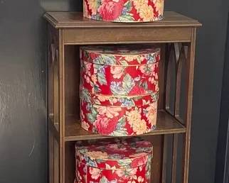 Whatnot Shelf With Vintage Floral Hat Boxes 
