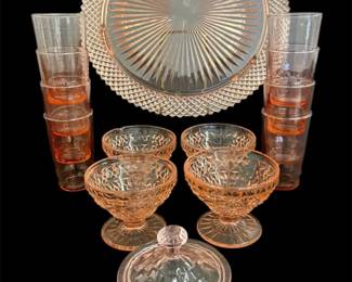 Vtg. Pink Depression Glass Cake Plate, Sherbet Dishes Glasses