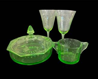 Vtg. Uranium Glass Goblets, Candy Dish Sugar Bowl