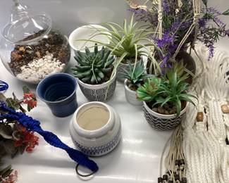 MACRAME FAUX PLANTS 3 TIER MACRAME, LAVENDER MACRAME, TWO MACRAME HANGERS UNUSED, LARGE GLASS TERRARIUM SEVEN POTS SOME WITH FAUX PLANTS