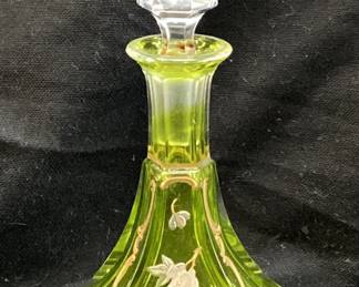 (2) VTG. HAND PAINTED PERFUME BOTTLES, MOSSER GREEN FLORAL & EGYPTIAN HAND BLOWN GLASS