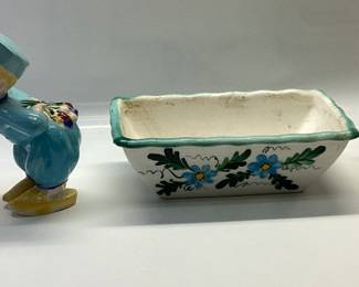 KISSING DUTCH BOY AND GIRL, VINTAGE FLORAL FLOWER POT , SMALL ROUND BOTTOM POTTERY JAR, AND FLORAL CANDLE HOLDER