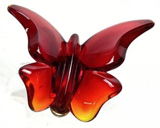  FENTON AMBERINA GLASS BUTTERFLY ON FENTON BRASS STAND