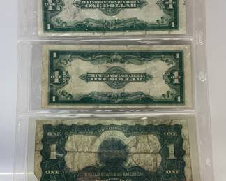 1899 AND 1923 SILVER CERTIFICATES DOLLAR BILLS 3 WONDERFUL EXAMPLES OF VINTAGE U.S. CURRENCY. 1899 BILL HAS TEAR AT RIGHT BOTTOM CORNER