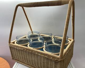 VINTAGE REDMON PICNIC BASKET WITH PLATES AND CUPS, WICKER COCKTAIL CUP CADDY AND IGLOO COOLER