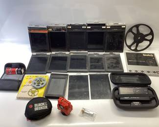 MIXED LOT CAMERA GRAFLEX TYPE 5, RITEWAY, FIDELITY DELUXE GRAPHIC AND CUT FILM HOLDERS, TUNER, BLACK AND DECKER, REELS AND MORE