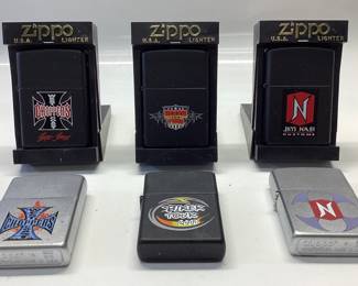 6) ZIPPO LIGHTERS LOT WEST COAST CHOPPERS, JIM NASI CUSTOMS, BIKER TOUR 2000, 2002. ALL ARE NEW OLD STOCK. THREE WITHOUT CASES SHOW SIGNS OF WEAR DUE TO EXPOSURE OUTSIDE OF CASES