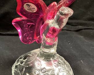 1980s FENTON CRANBERRY GLASS BUTTERFLY ON A BRANCH-RING HOLDER, 5in