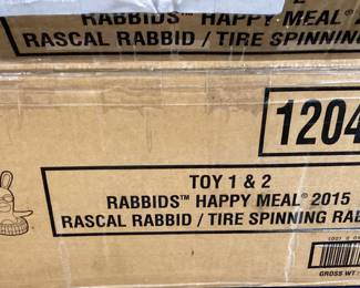 BOX OF 2015 MCDONALDS HAPPY MEAL RASCAL RABBID & TIRE SPINNING RABBID TOYS