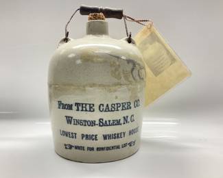  ANTIQUE THE CASPER CO. WHISKEY JUG FROM WINSTON SALEM NC, SALT GLAZED STONEWARE JUG FROM THE EARLY 1900â€™s