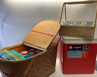 VINTAGE REDMON PICNIC BASKET WITH PLATES AND CUPS, WICKER COCKTAIL CUP CADDY AND IGLOO COOLER
