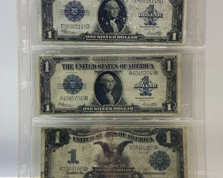 1899 AND 1923 SILVER CERTIFICATES DOLLAR BILLS 3 WONDERFUL EXAMPLES OF VINTAGE U.S. CURRENCY. 1899 BILL HAS TEAR AT RIGHT BOTTOM CORNER
