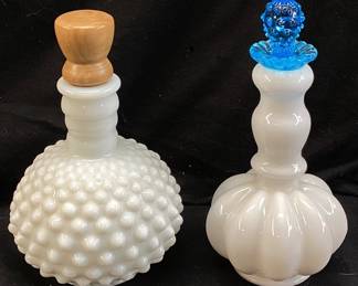 (2) FENTON MILK GLASS PERFUME BOTTLES, AQUA CREST & HOBNAIL