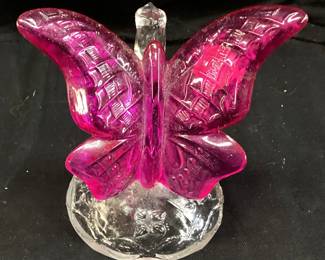 1980s FENTON CRANBERRY GLASS BUTTERFLY ON A BRANCH-RING HOLDER, 5in