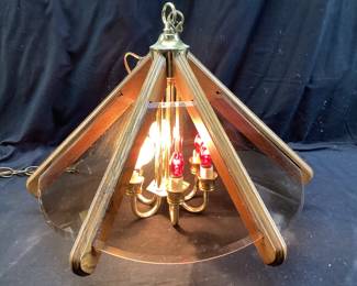  MCM GLASS PANEL CHANDELIER 20 DIAMETER x 14 INCHES TALL CANDELABRA BASE WITH 15 Ft CORD, SWITCH AND HANGING CHAIN. NO SHIPPING, PICKUP ONLY