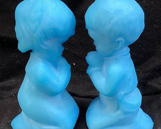 1972 FENTON BLUE SATIN GLASS PRAYING GIRL & BOY FIGURINES, 4in H