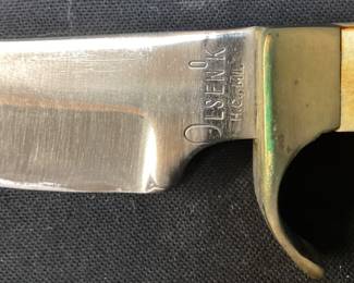 VINTAGE OLSEN OK HUNTING/SKINNING FIXED BLADE KNIFE w STAG HANDLE & LEATHER SHEATH, HOWARD CITY, MICHIGAN
