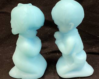  1972 FENTON FROSTED BLUE SATIN GLASS PRAYING GIRL & BOY FIGURINES, 4in H
