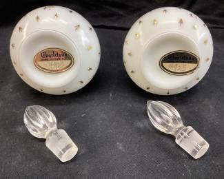  VTG. PAIR OF FENTON CHARLETON MILK GLASS PERFUME BOTTLES w ROSE X PATTERN HAND PAINTED,BOTH WITH STOPPERS