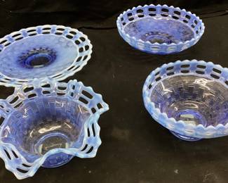 (4) VTG. FENTON BLUE OPALESCENT BASKETWEAVE OPEN LACE EDGE BOWLS AND DISHES