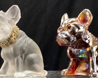 (2) VTG. WESTMORELAND AMBERINA CARNIVAL & FROSTED GLASS FRENCH BULLDOG FIGURINES, 3in