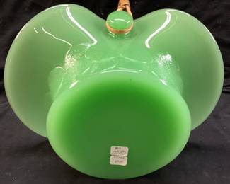 VINTAGE FENTON JADEITE BIG COOKIES DEPRESSION GLASS BASKET WITH WICKER HANDLE, 9in H, IN VERY GOOD CONDITION