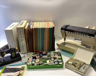 VINTAGE SEWING AND KNITTING, SINGER ATHENA 2000 MACHINE, THREAD, NEEDLE POINT PATTERNS AND MORE