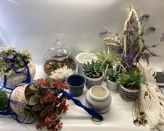 MACRAME FAUX PLANTS 3 TIER MACRAME, LAVENDER MACRAME, TWO MACRAME HANGERS UNUSED, LARGE GLASS TERRARIUM SEVEN POTS SOME WITH FAUX PLANTS