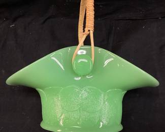 VINTAGE FENTON JADEITE BIG COOKIES DEPRESSION GLASS BASKET WITH WICKER HANDLE, 9in H, IN VERY GOOD CONDITION