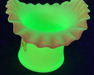 1982 (FAGCA) FENTON BURMESE SATIN URANIUM GLASS VASE w w RUFFLED EDGE AND HAND PAINTED BUTTERFLY & FLORAL DESIGN by SUE JACKSON