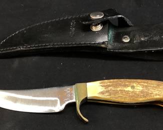 VINTAGE OLSEN OK HUNTING/SKINNING FIXED BLADE KNIFE w STAG HANDLE & LEATHER SHEATH, HOWARD CITY, MICHIGAN