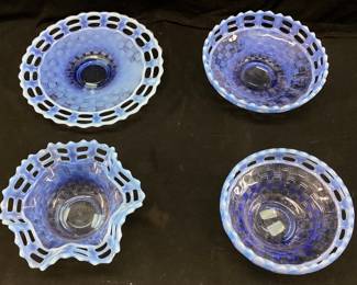 (4) VTG. FENTON BLUE OPALESCENT BASKETWEAVE OPEN LACE EDGE BOWLS AND DISHES