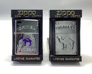  2) JOE CAMEL ZIPPOS, CAMEL RACING, BRUSHED METAL NEW IN BOX