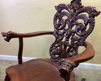  ANTIQUE STICKLEY & BRANDT CHAIR COMPANY (1891-1919) MAHOGANY HAND CARVED ROCKER, LION HEAD CARVED ARM REST, HEAVILY CARVED DECOR, VGC NO SHIPPING PICKUP ONLY
