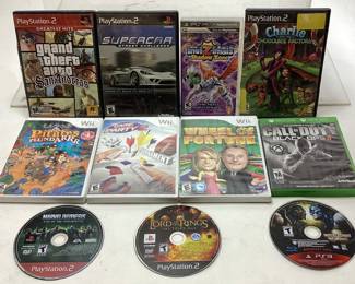 (11) ASSORTED PS2, PS3, XBOX ONE, & WII VIDEO GAMES, CALL OF DUTY, GRAND THEFT AUTO, LORD OF THE RINGS, WHEEL OF FORTUNE, GAME PARTY 2, SUPER CAR STREET CHALLENGE