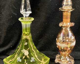(2) VTG. HAND PAINTED PERFUME BOTTLES, MOSSER GREEN FLORAL & EGYPTIAN HAND BLOWN GLASS