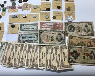 WORLD CURRENCY COIN AND PAPER, JAPANESE, SWISS, CANADIAN, MEXICO NETHERLANDS, CHINA, AND MORE WITH SILVER COINS 6 BRITISH 3 PENCE 9.25 @ 8.08 GRAMS PLEASE SEE PICTURES