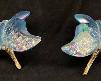 (2) FENTON IRIDESCENT CARNIVAL GLASS BUTTERFLY FIGURINES WITH FENTON BRASS STANDS