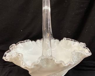  1992 FENTON PAISLEY SILVER CREST MILK GLASS BASKET, 8in H