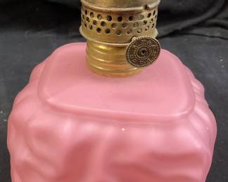 EARLY 1900s PITTSBURGH LAMP BRASS & GLASS COMPANY, ROSE SATIN MINIATURE OIL LAMP
