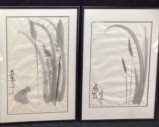 PAIR OF FRAMED SUMI-E JAPANESE INK PAINTINGS NO SHIPPING PICKUP ONLY