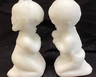 1972 FENTON MILK SATIN GLASS PRAYING GIRL & BOY FIGURINES, 4in H