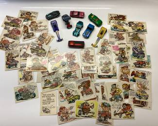 9) VTG MINIATURE DIE CASTS, RED LINE HOT WHEELS, MATCHBOX ,TOPPER TOYS. NUMBER 4 AND FUNNY CAR MISSING TIRE OR WHEEL. BONUS IS DECK OF ED BIG DADDY ROTH STICKER CARDS